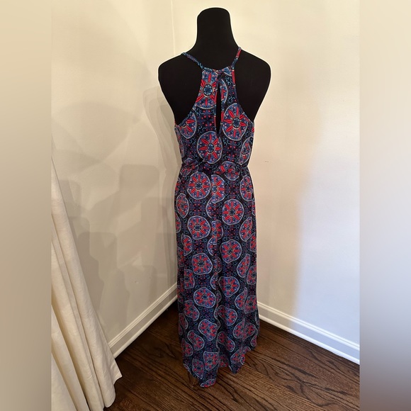 French Grey Red and Blue Geometric Maxi Dress - Picture 3 of 4